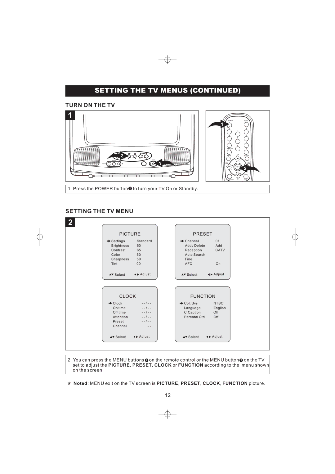 Emerson DTE316 manual Setting the TV Menus, Turn on the TV, Picture Preset, Clock Function 