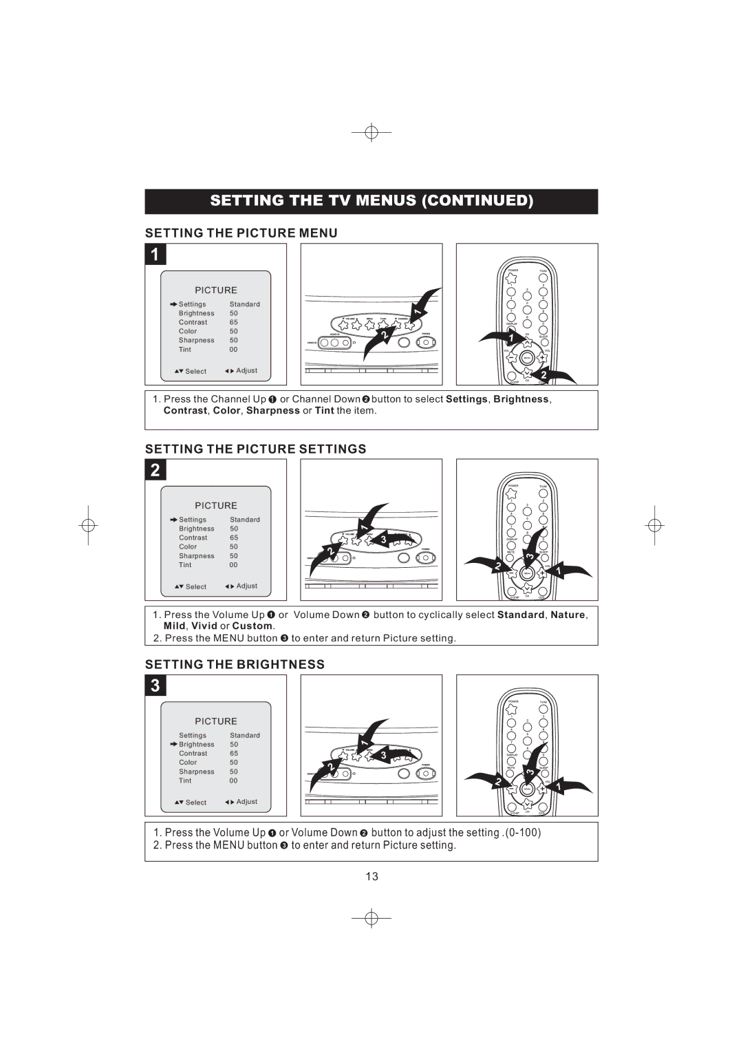 Emerson DTE316 manual Setting the Picture Menu, Setting the Picture Settings, Setting the Brightness 