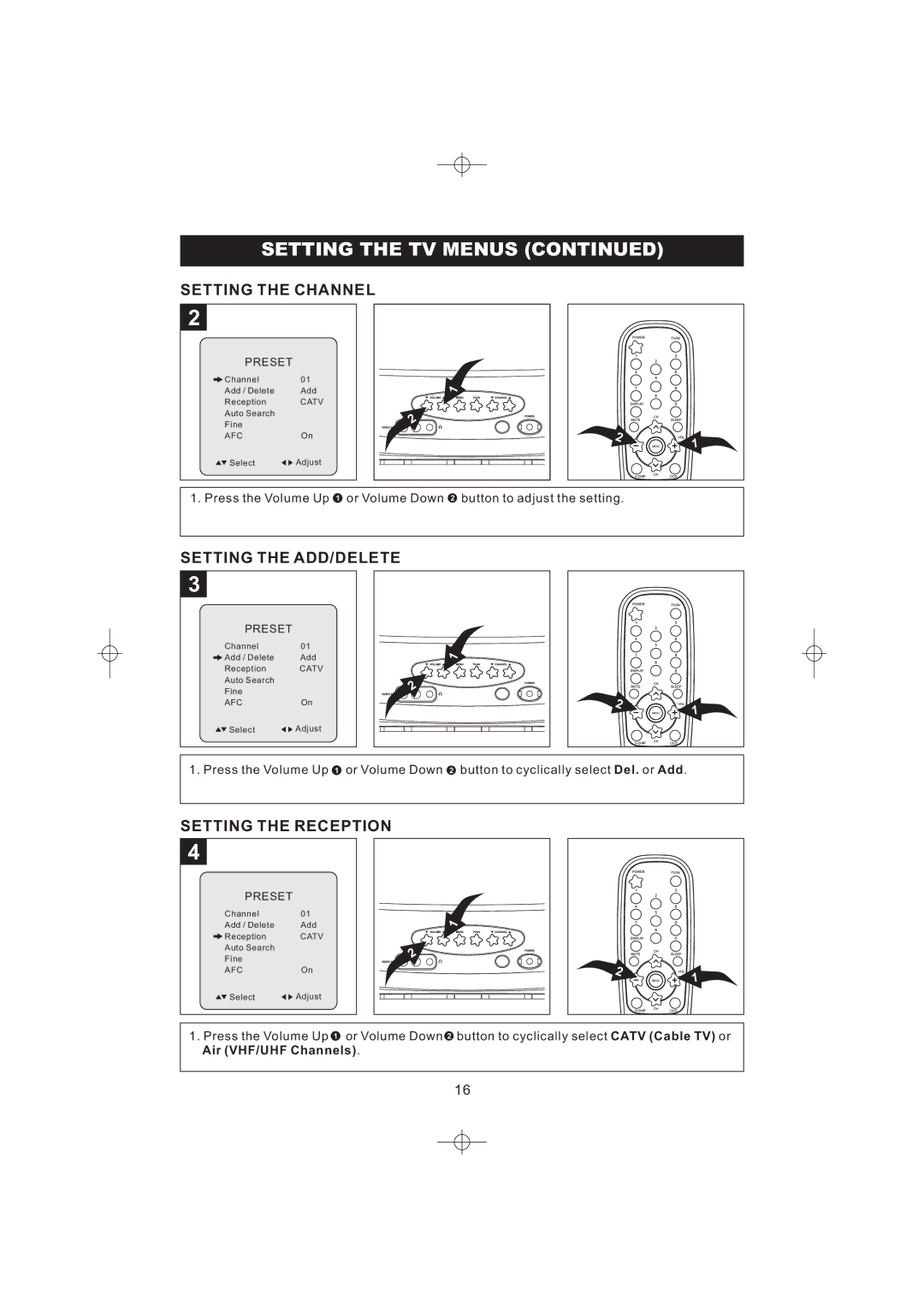 Emerson DTE316 manual Setting the Channel, Setting the ADD/DELETE, Setting the Reception 