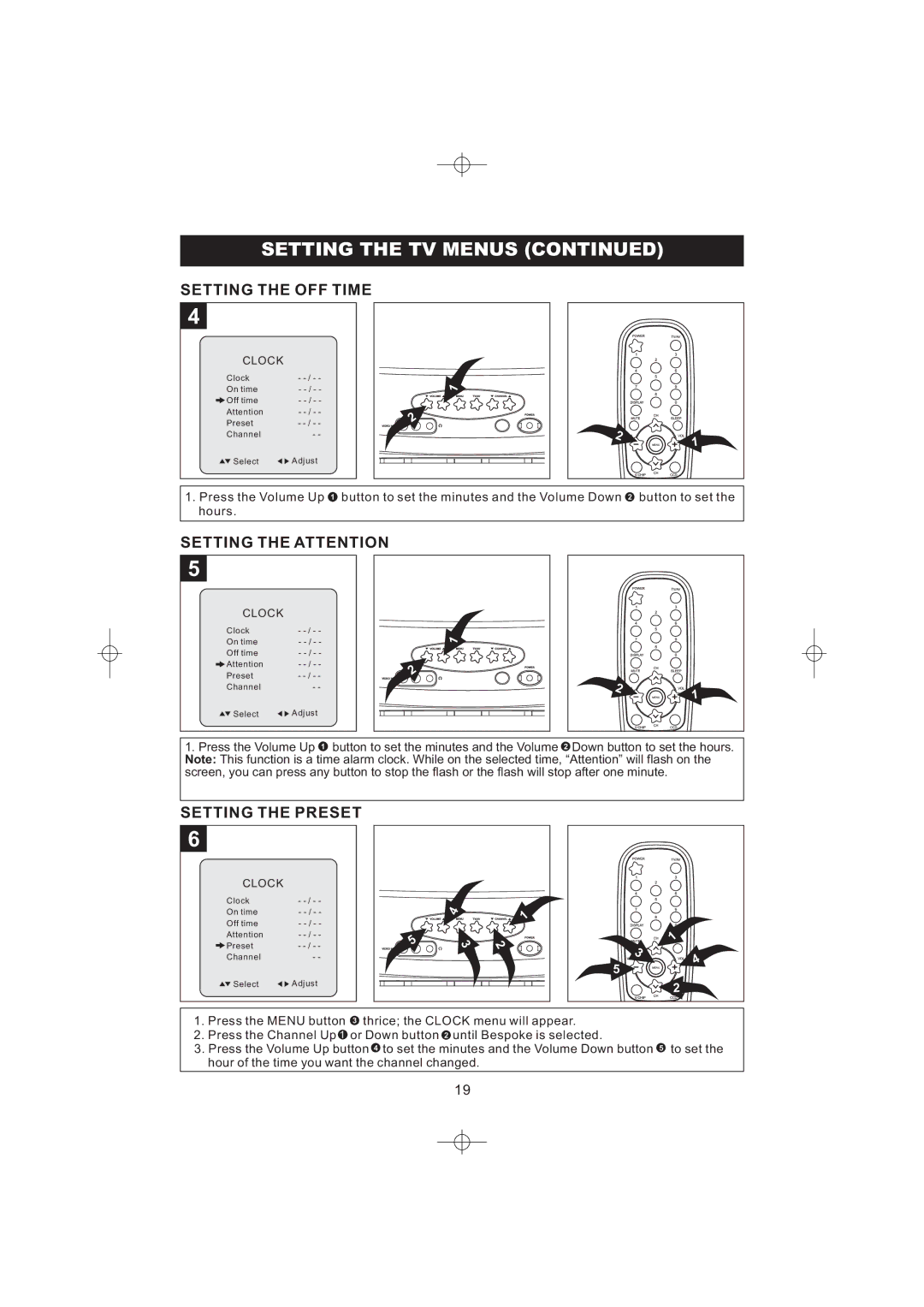 Emerson DTE316 manual Setting the OFF Time, Setting the Attention, Setting the Preset 