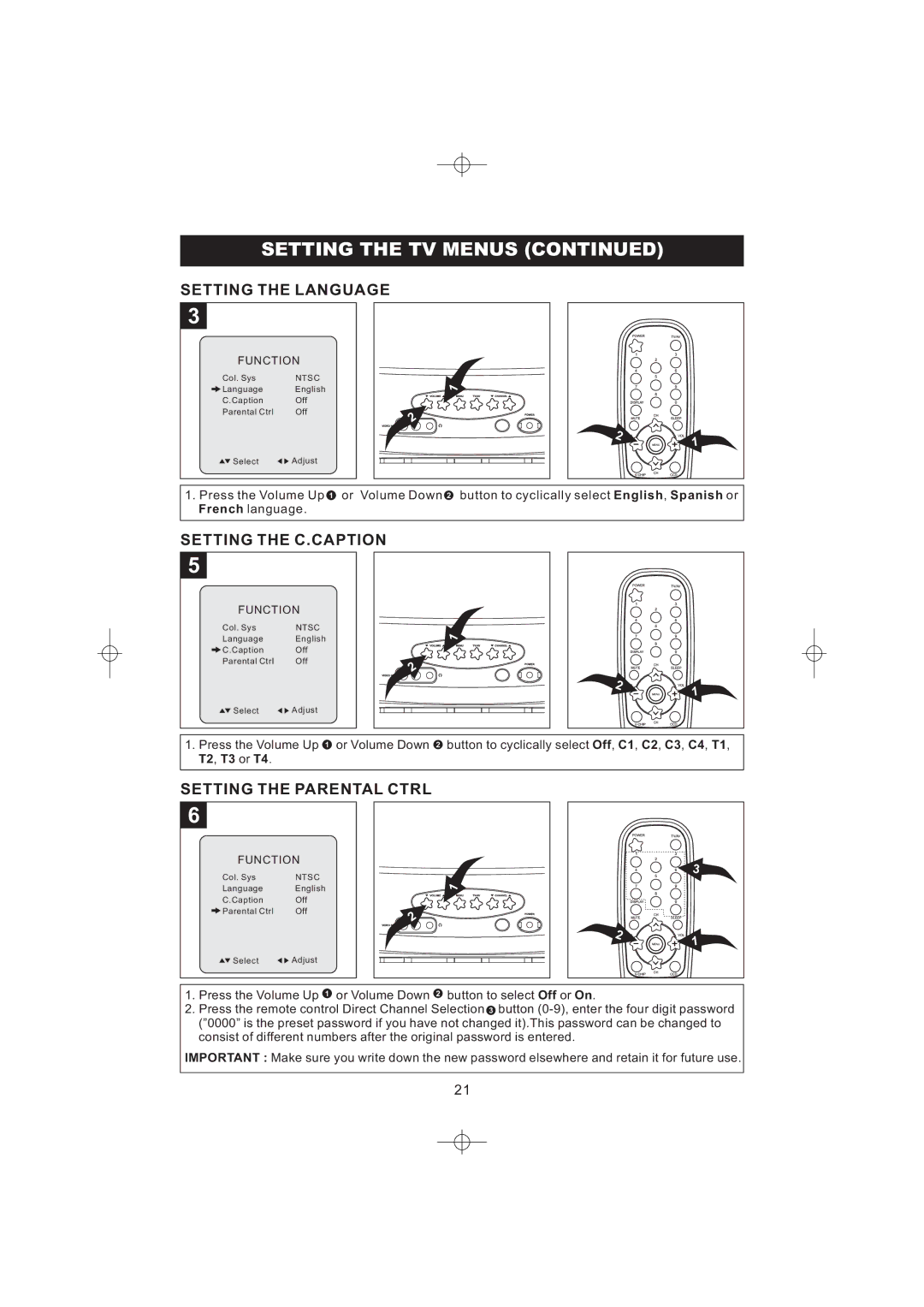 Emerson DTE316 manual Setting the Language, Setting the C.CAPTION, Setting the Parental Ctrl 