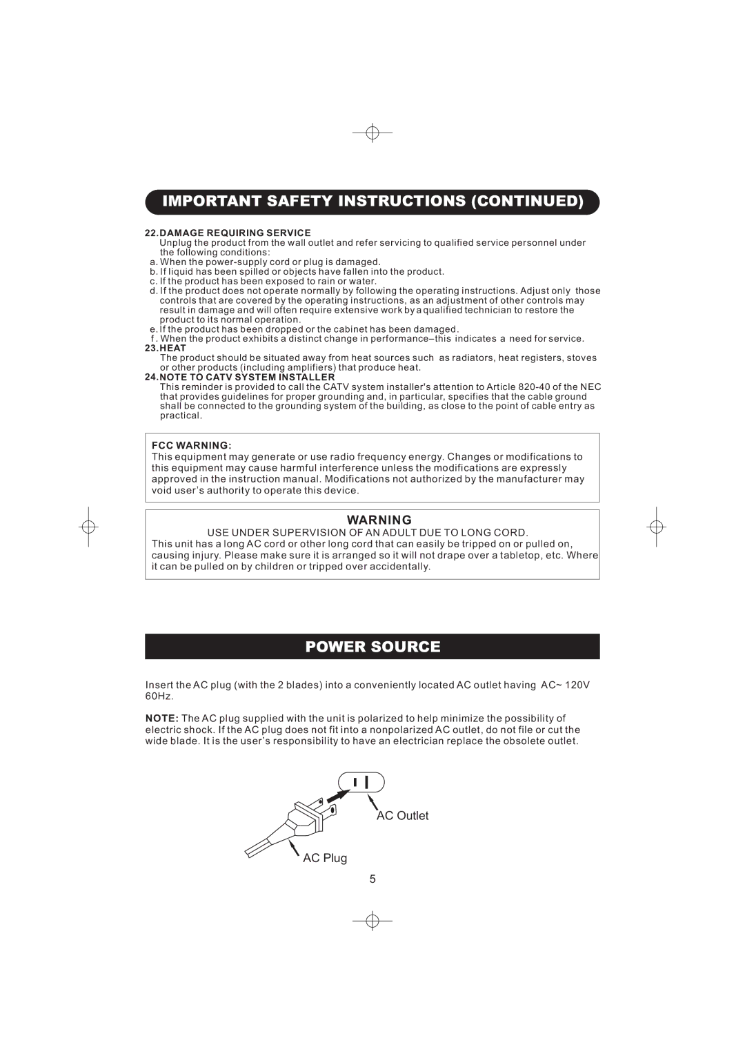 Emerson DTE316 manual Power Source, FCC Warning, USE Under Supervision of AN Adult DUE to Long Cord 