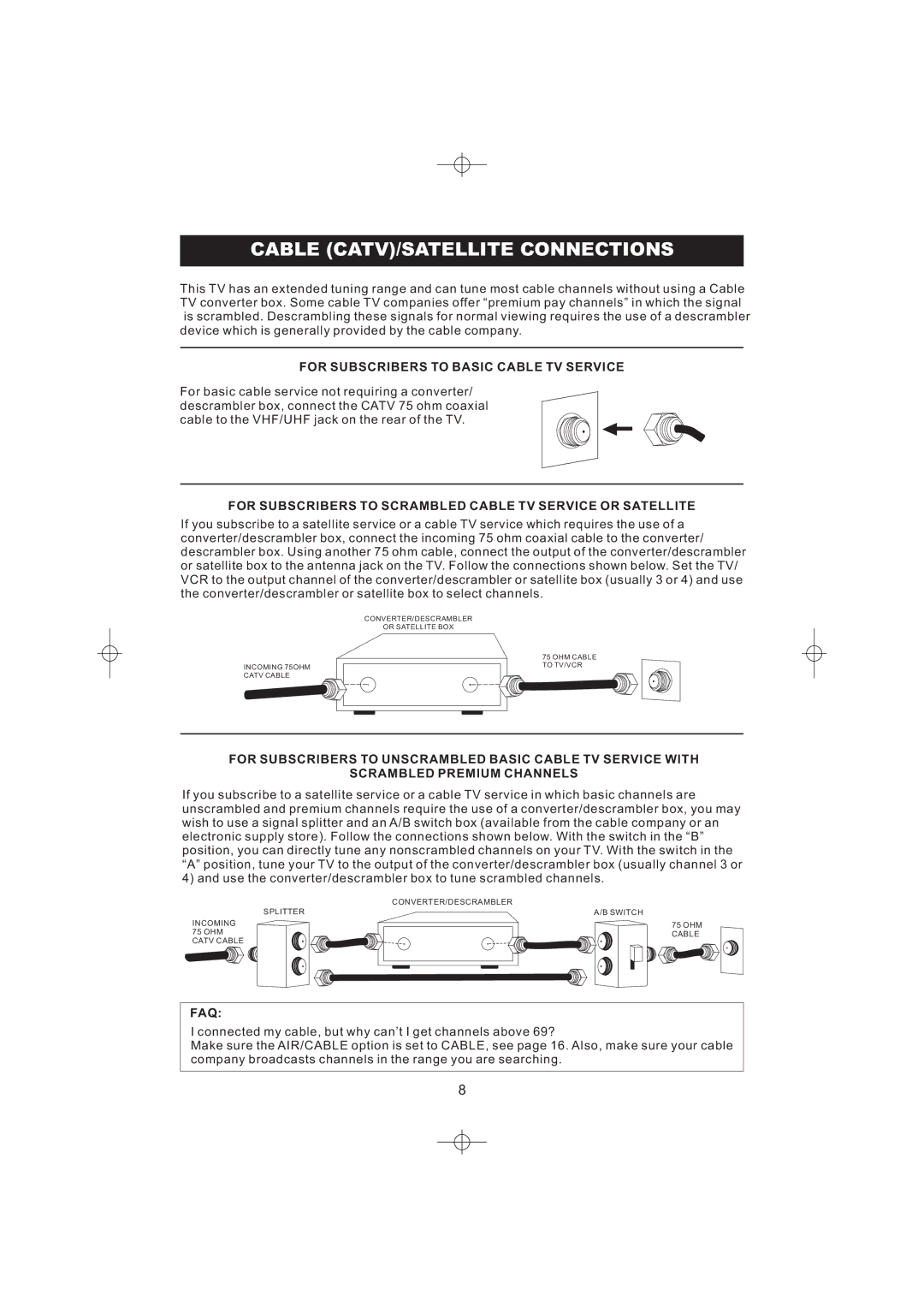 Emerson DTE316 manual Cable CATV/SATELLITE Connections, For Subscribers to Basic Cable TV Service, Faq 