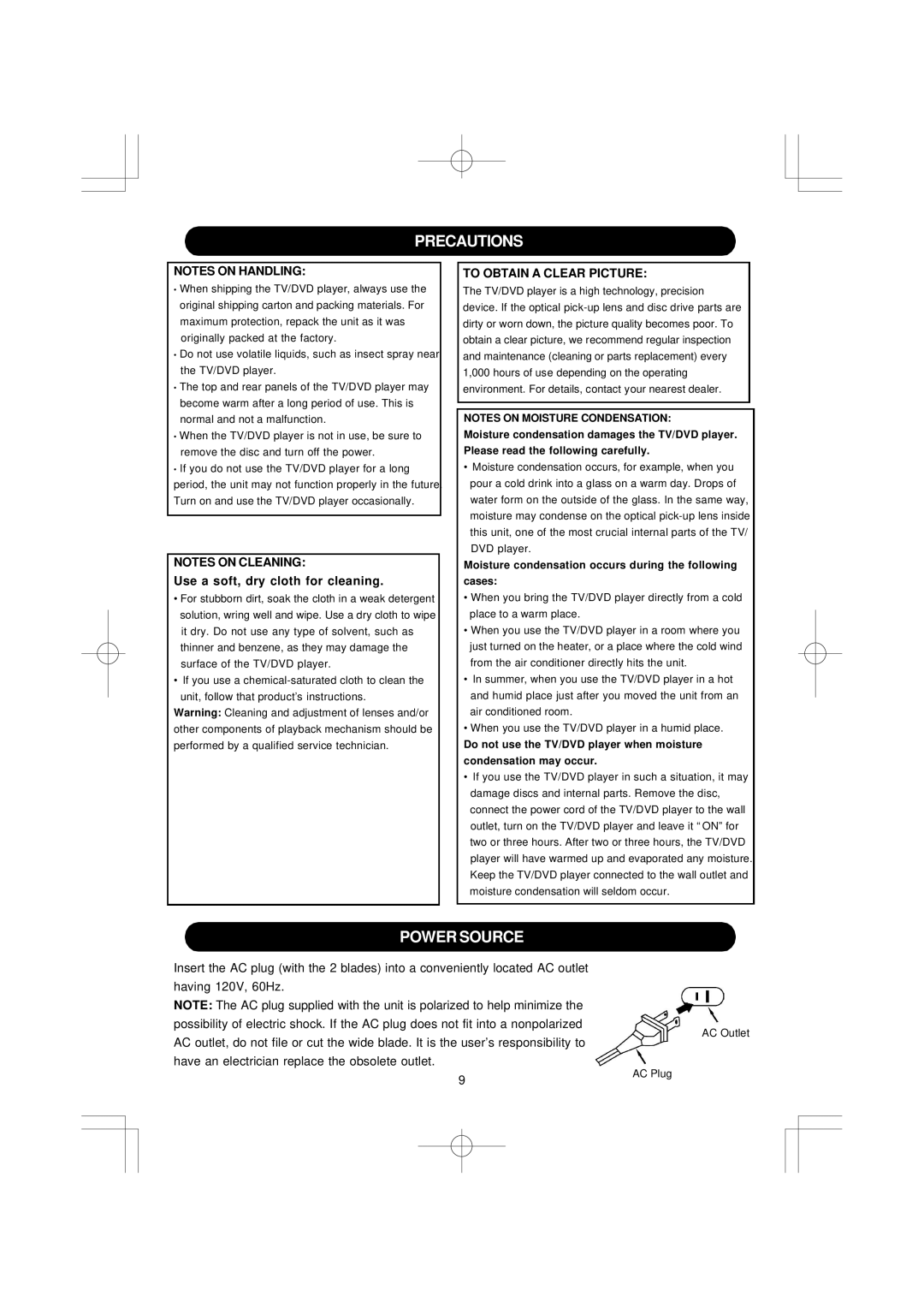 Emerson DTE351 manual Precautions, Power Source, To Obtain a Clear Picture 