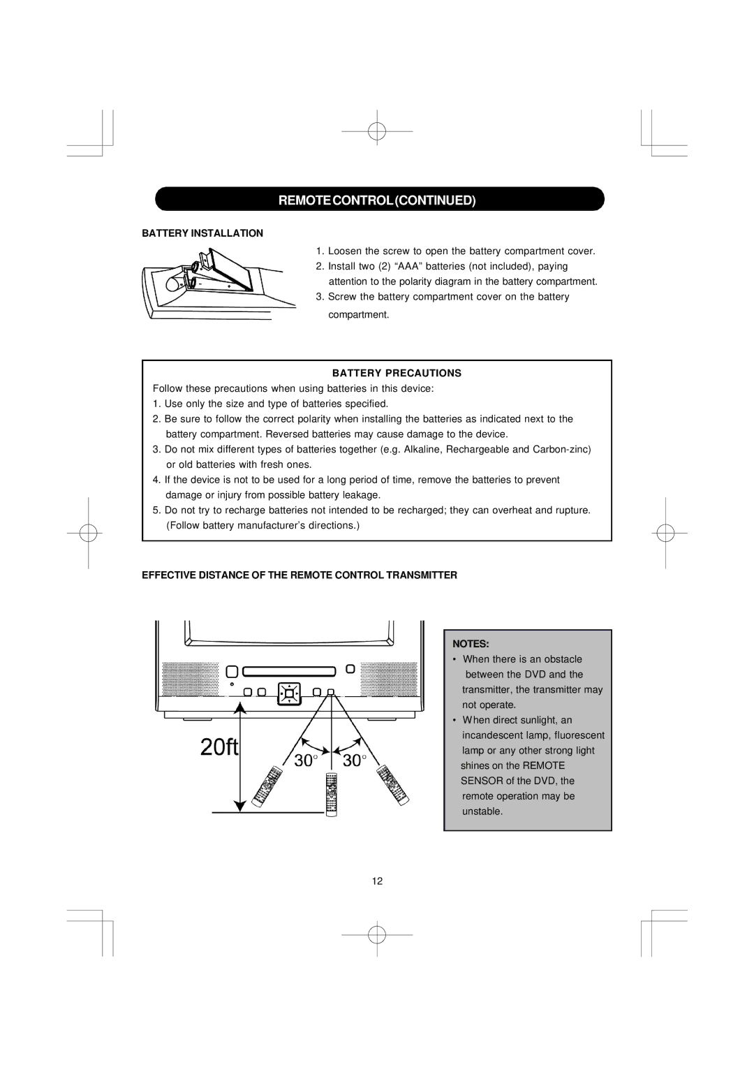 Emerson DTE351 manual Remotecontrol, Battery Installation, Battery Precautions 