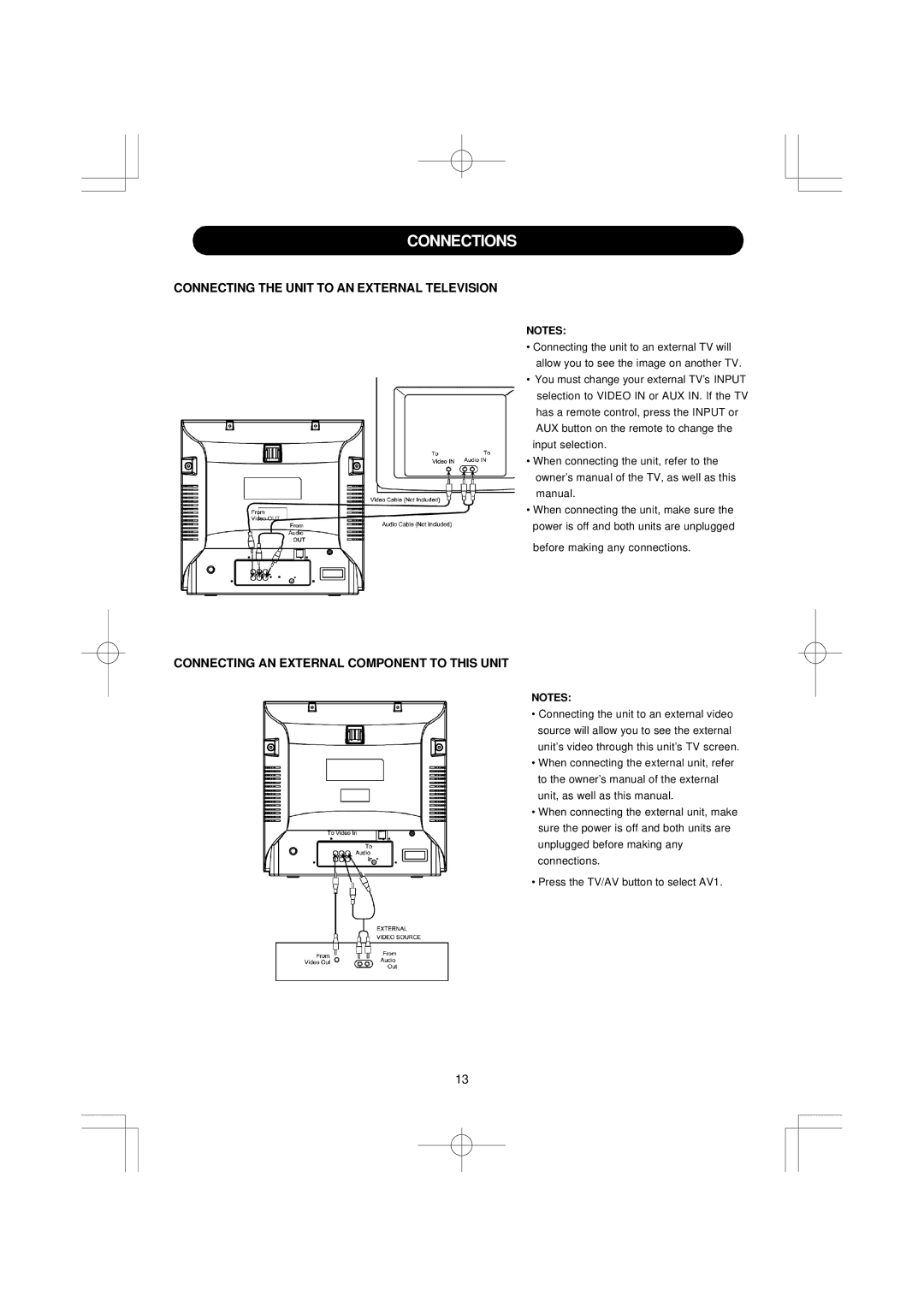 Emerson DTE351 Connections, Connecting the Unit to AN External Television, Connecting AN External Component to this Unit 