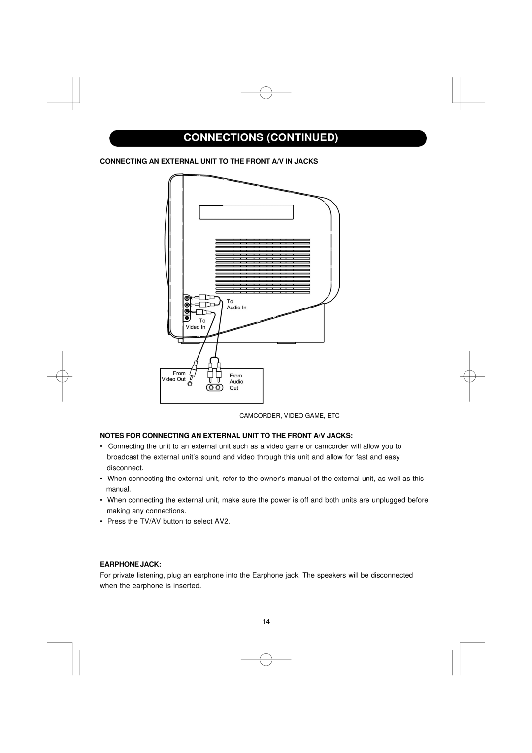 Emerson DTE351 manual Connecting AN External Unit to the Front A/V in Jacks, Earphone Jack 