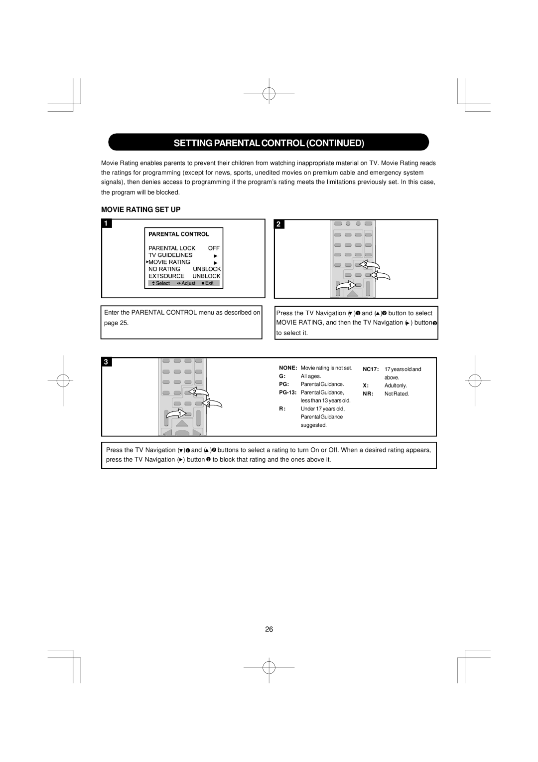 Emerson DTE351 manual Movie Rating SET UP 