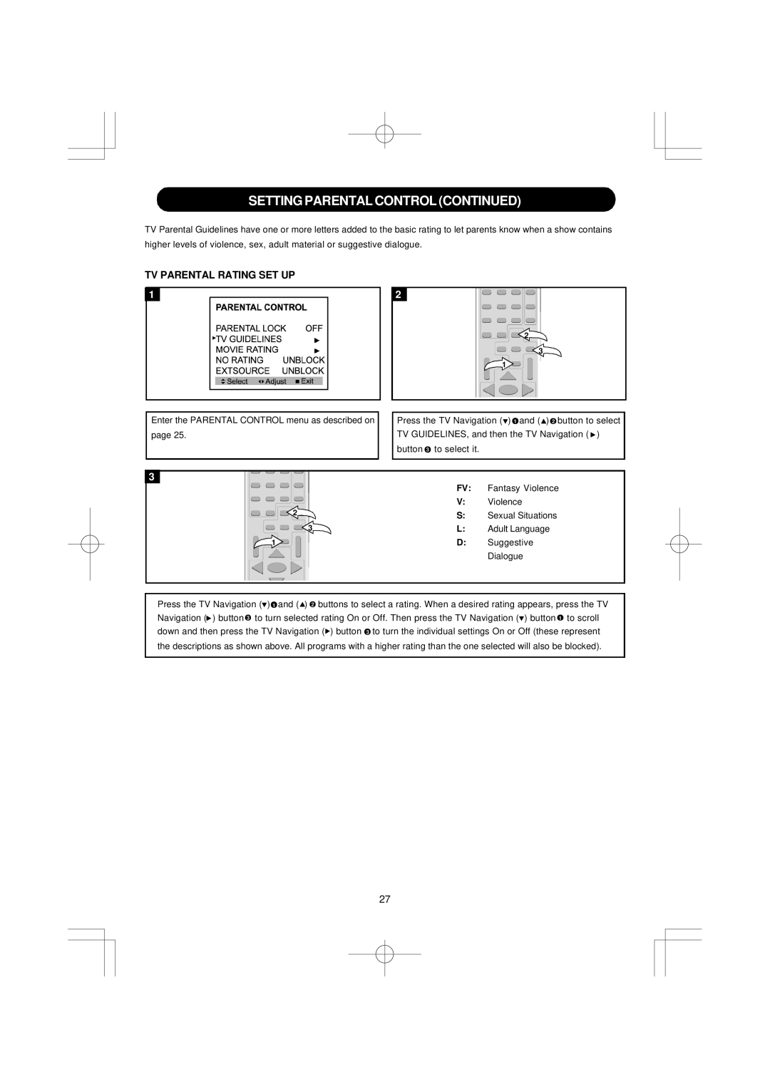 Emerson DTE351 manual TV Parental Rating SET UP 