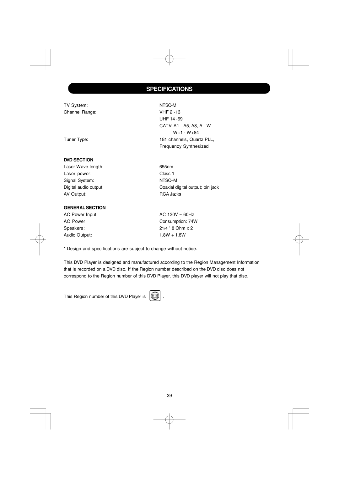 Emerson DTE351 manual Specifications, DVD Section, General Section 