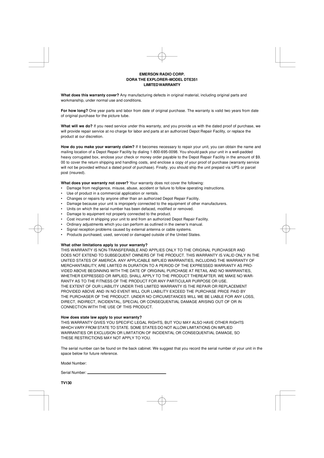 Emerson DTE351 manual What other limitations apply to your warranty?, How does state law apply to your warranty?, TV130 