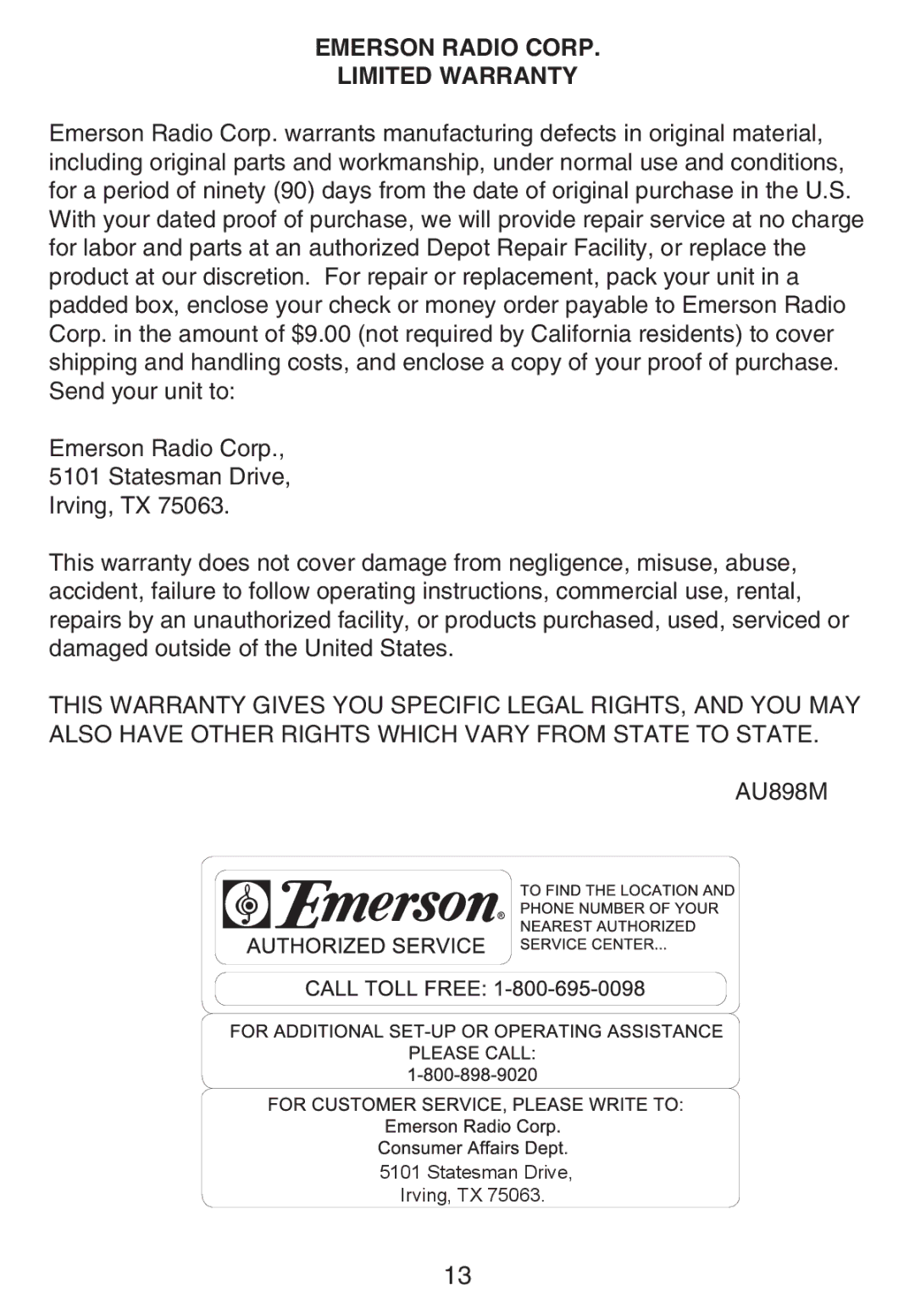 Emerson DTE810 owner manual Emerson Radio Corp Limited Warranty 