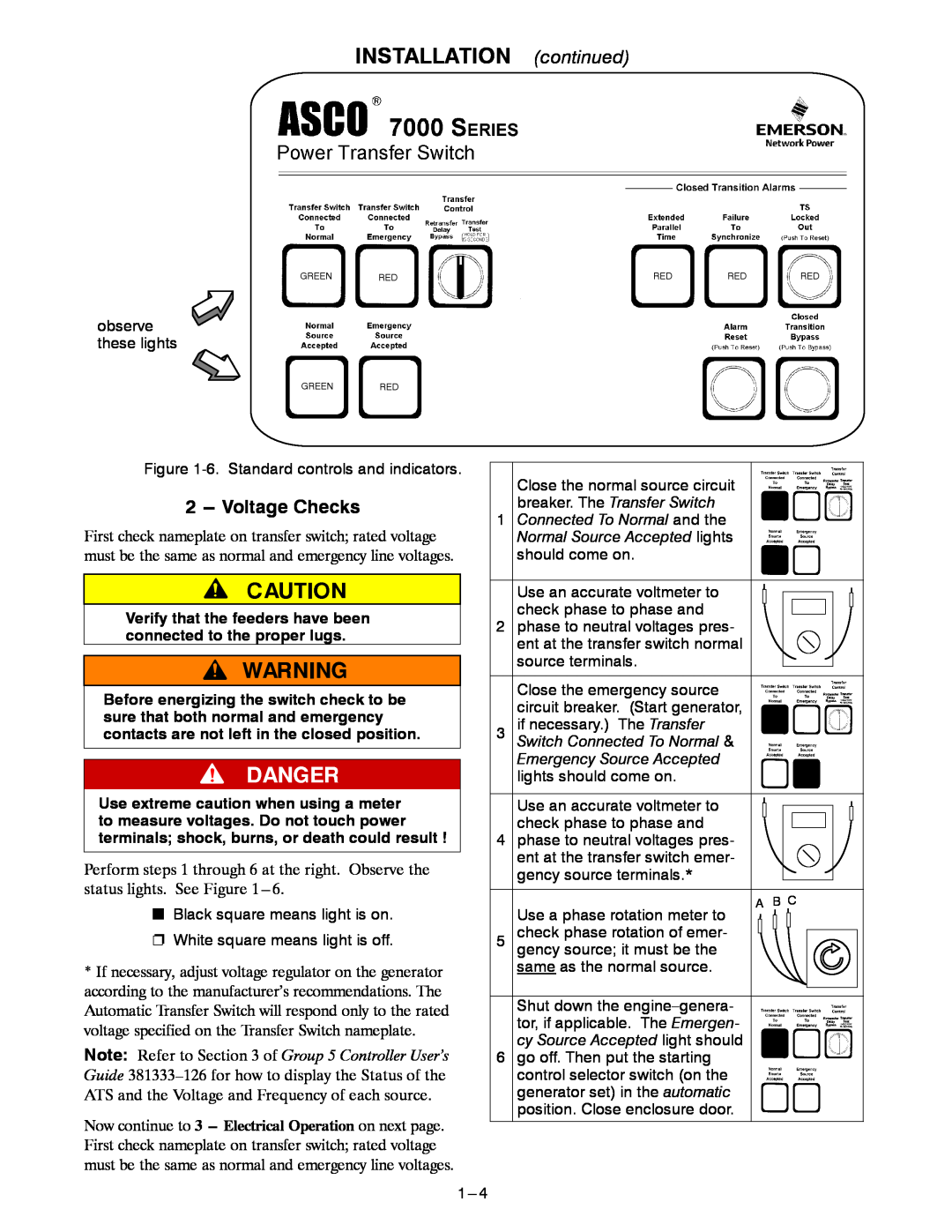 Emerson E-DESIGN 150-400A manual Voltage Checks, INSTALLATION continued 