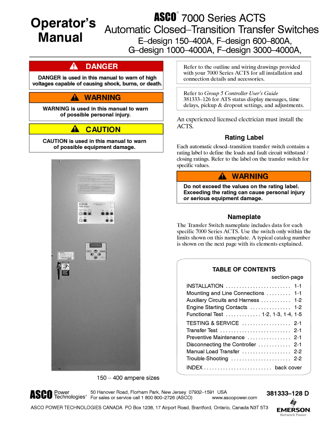 Emerson E-DESIGN 150-400A manual Rating Label, Nameplate 