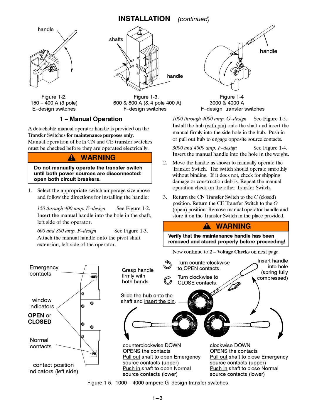 Emerson E-DESIGN 150-400A manual Manual Operation, Handle, Emergency contacts Window Indicators 