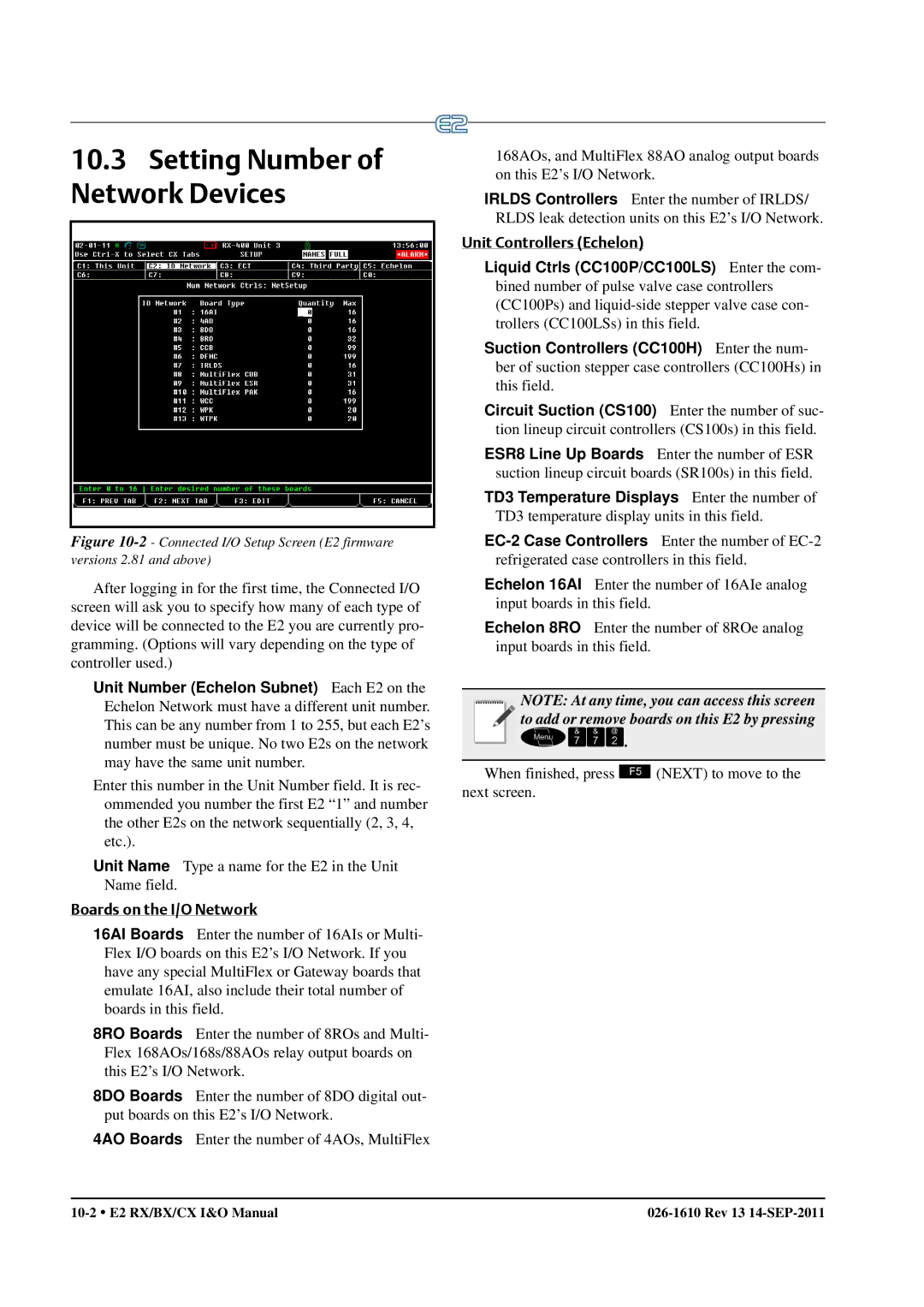 Emerson E2 operation manual Setting Number of Network Devices, Boards on the I/O Network, Unit Controllers Echelon 