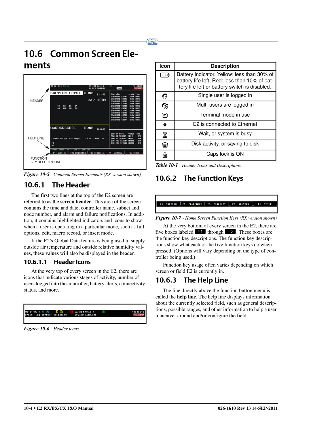 Emerson E2 operation manual Common Screen Ele- ments, Function Keys, Help Line, Header Icons 