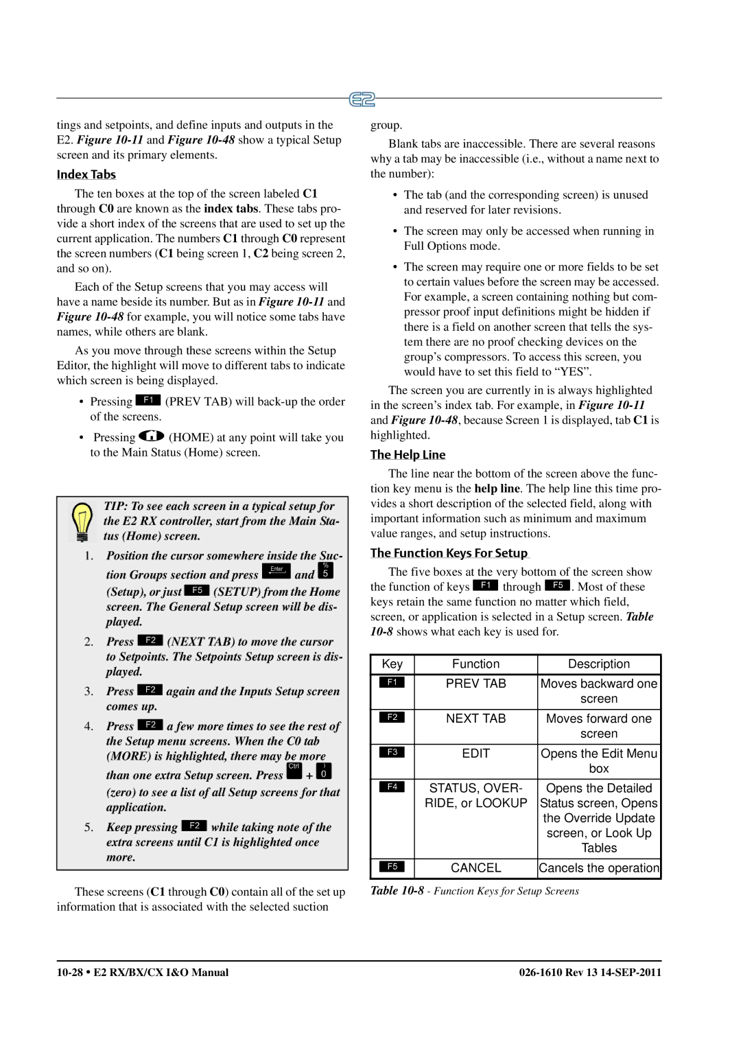 Emerson E2 operation manual Index Tabs, Help Line, Function Keys For Setup 