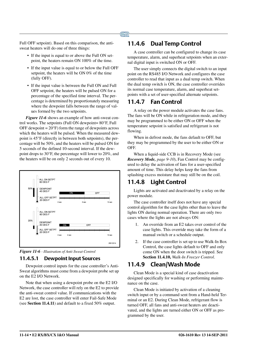 Emerson E2 operation manual Dual Temp Control, Light Control, Clean/Wash Mode, Dewpoint Input Sources 