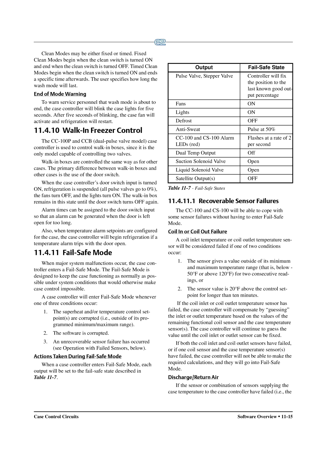 Emerson E2 operation manual Walk-In Freezer Control, Fail-Safe Mode, Recoverable Sensor Failures 