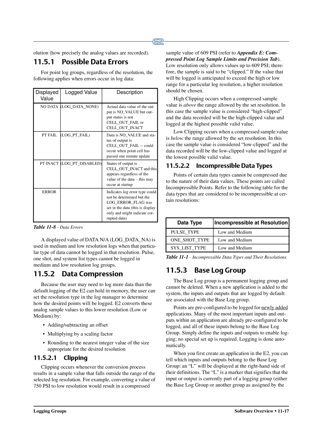 Emerson E2 operation manual Possible Data Errors, Data Compression, Base Log Group, Clipping, Incompressible Data Types 