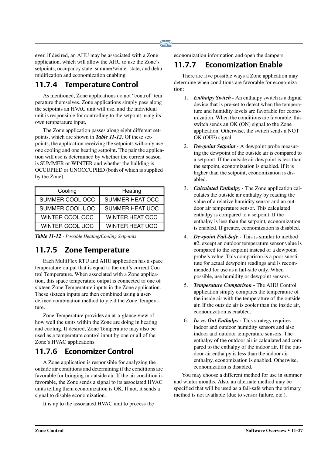 Emerson E2 operation manual Zone Temperature, Economization Enable 