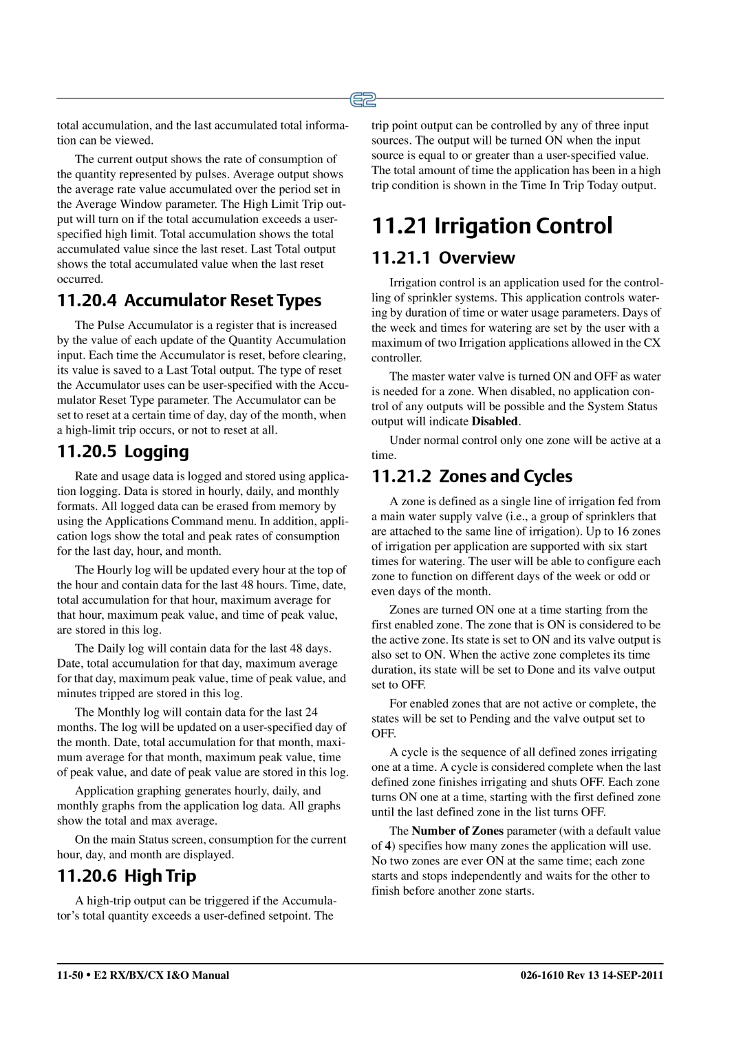 Emerson E2 operation manual Irrigation Control, Accumulator Reset Types, High Trip, Zones and Cycles 