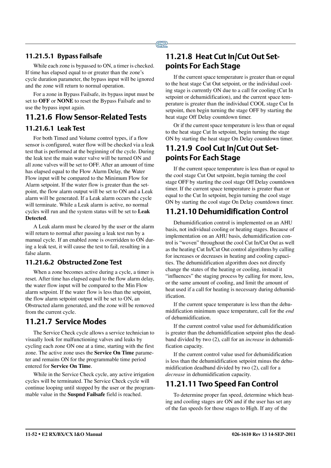 Emerson E2 Flow Sensor-Related Tests, Service Modes, Heat Cut In/Cut Out Set- points For Each Stage, Two Speed Fan Control 