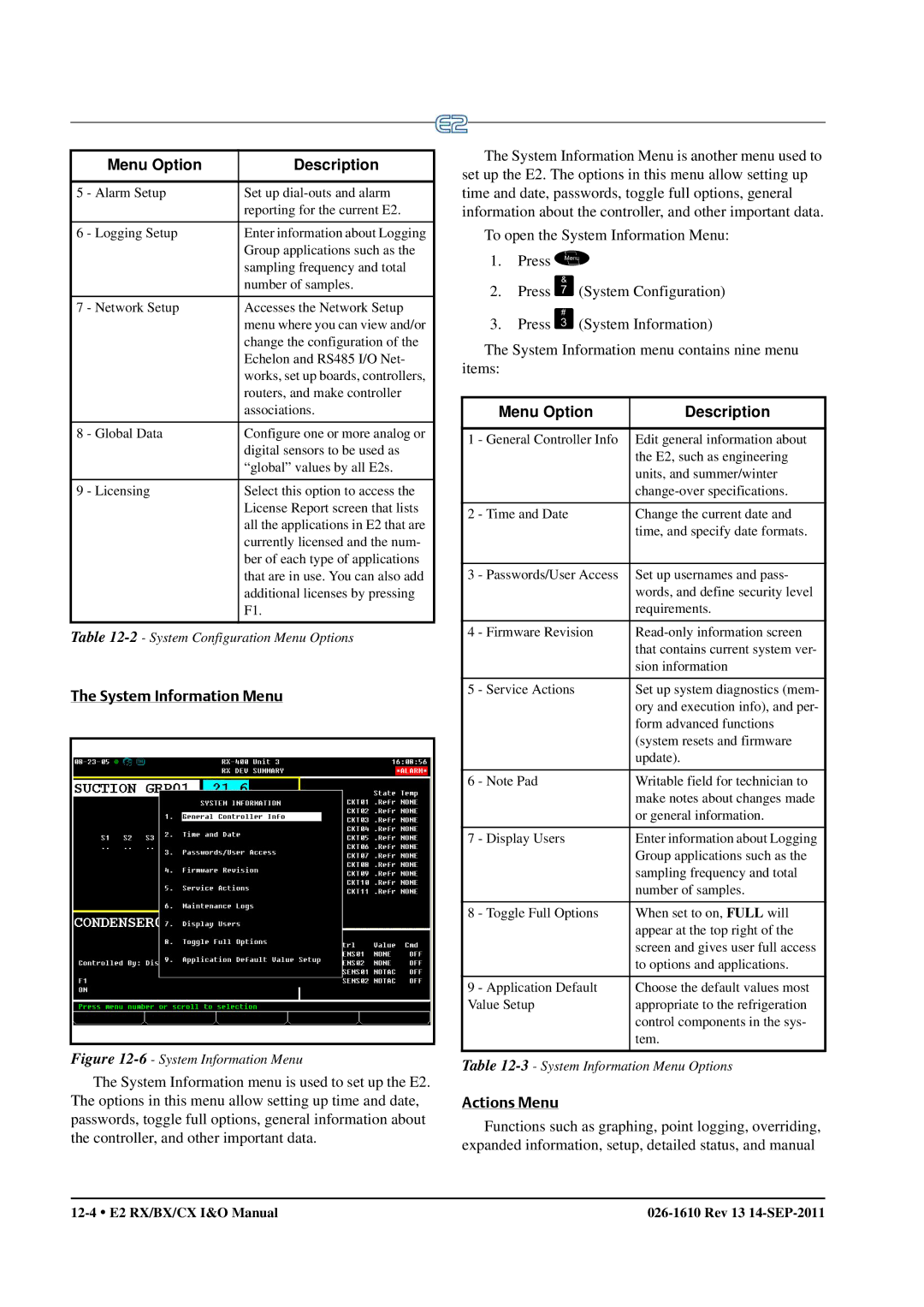 Emerson E2 operation manual System Information Menu, Actions Menu 