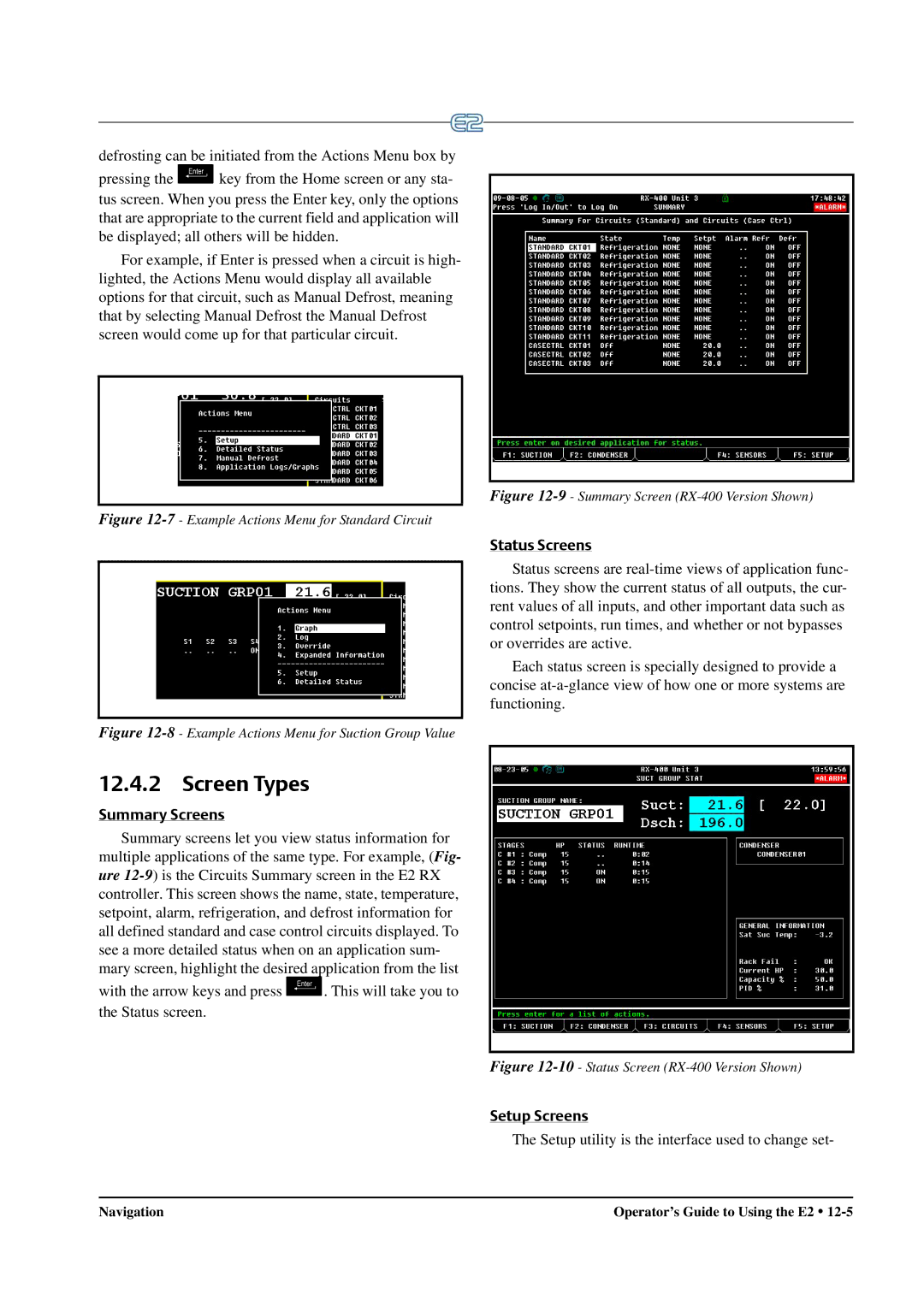 Emerson E2 operation manual Screen Types, Status Screens, Summary Screens, Setup Screens 