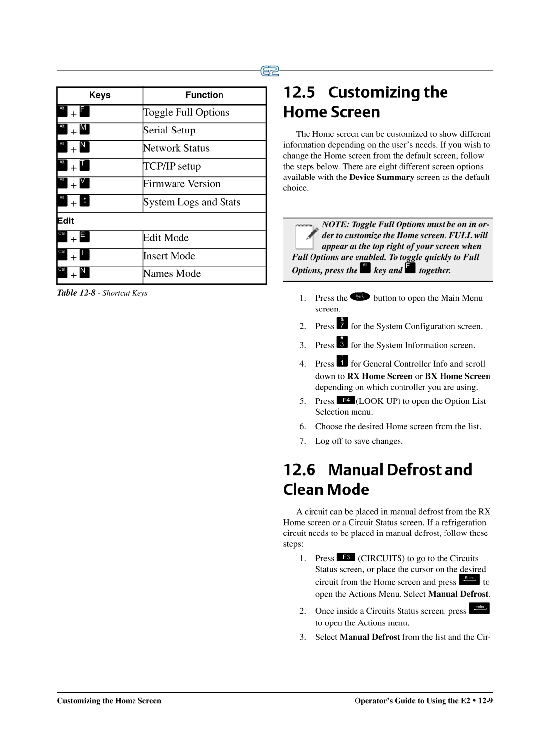 Emerson E2 operation manual Customizing the Home Screen, Manual Defrost and Clean Mode, Keys Function, Edit 