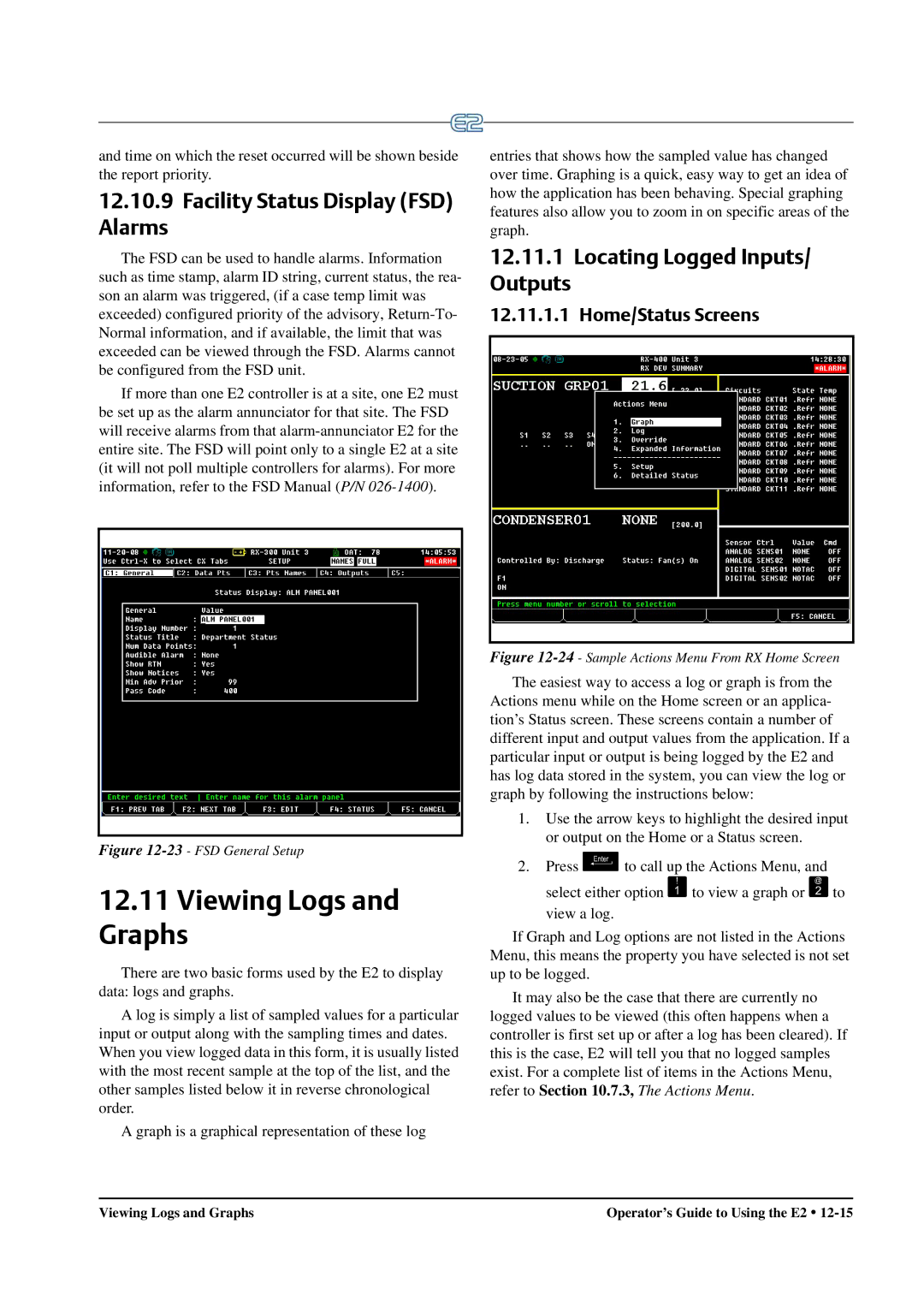 Emerson E2 operation manual Viewing Logs and Graphs, Facility Status Display FSD Alarms, Locating Logged Inputs Outputs 