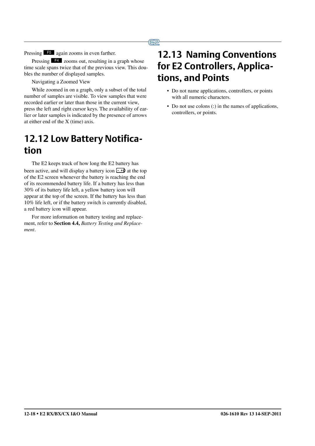 Emerson E2 operation manual Low Battery Notifica Tion 