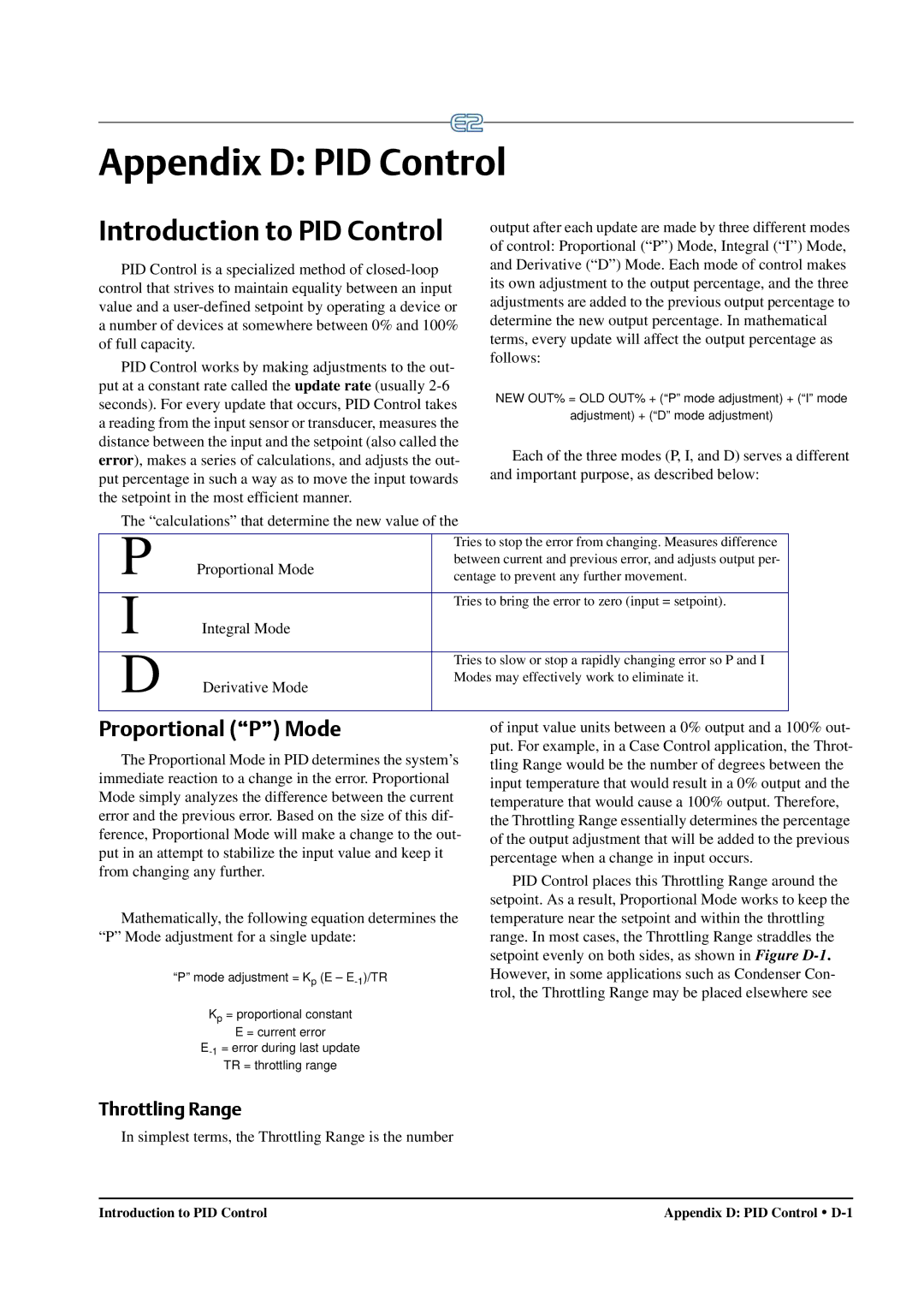 Emerson E2 operation manual Appendix D PID Control, Proportional P Mode, Throttling Range 