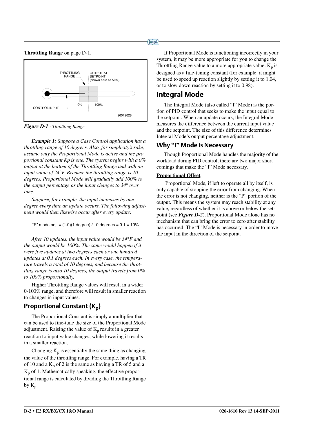 Emerson E2 operation manual Integral Mode, Proportional Constant Kp, Why I Mode is Necessary, Throttling Range on page D-1 