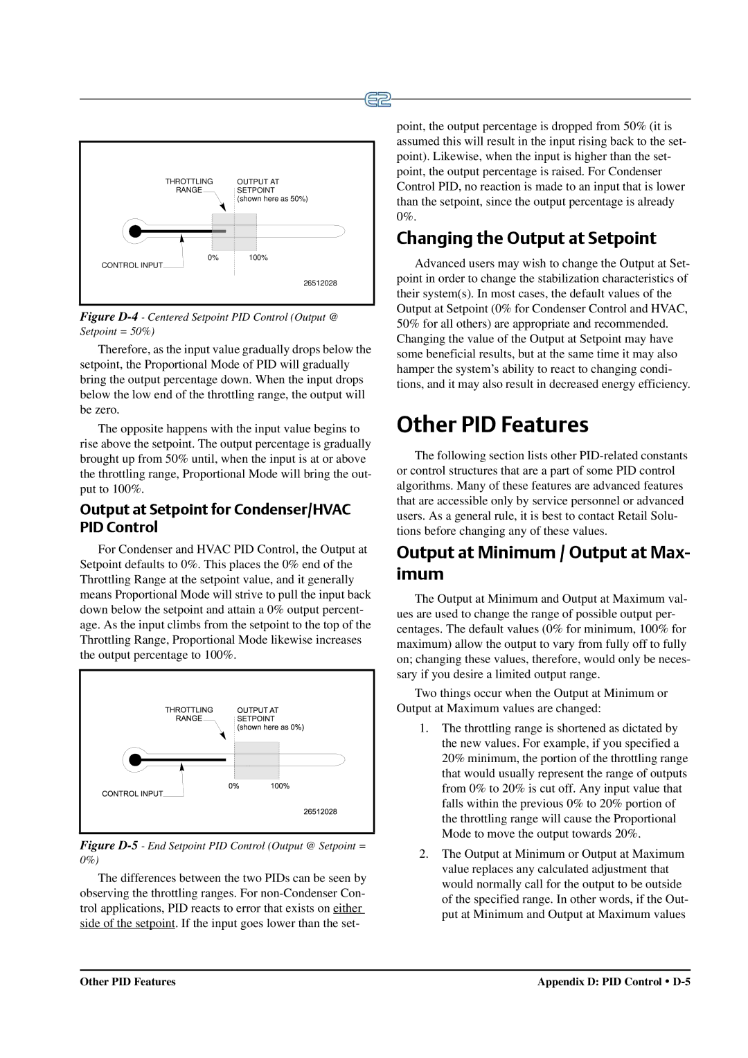 Emerson E2 operation manual Other PID Features, Changing the Output at Setpoint, Output at Minimum / Output at Max- imum 