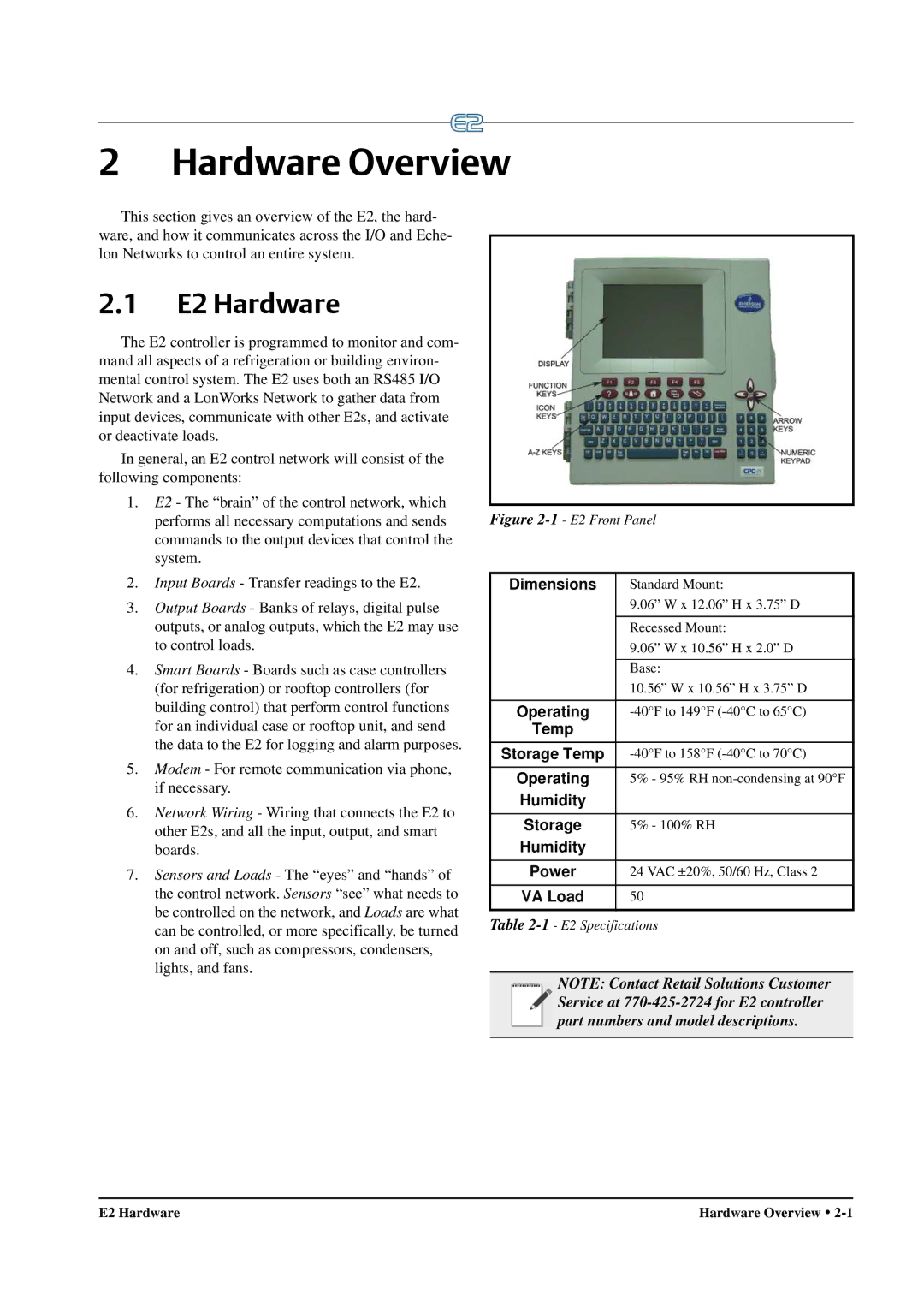 Emerson operation manual Hardware Overview, E2 Hardware 