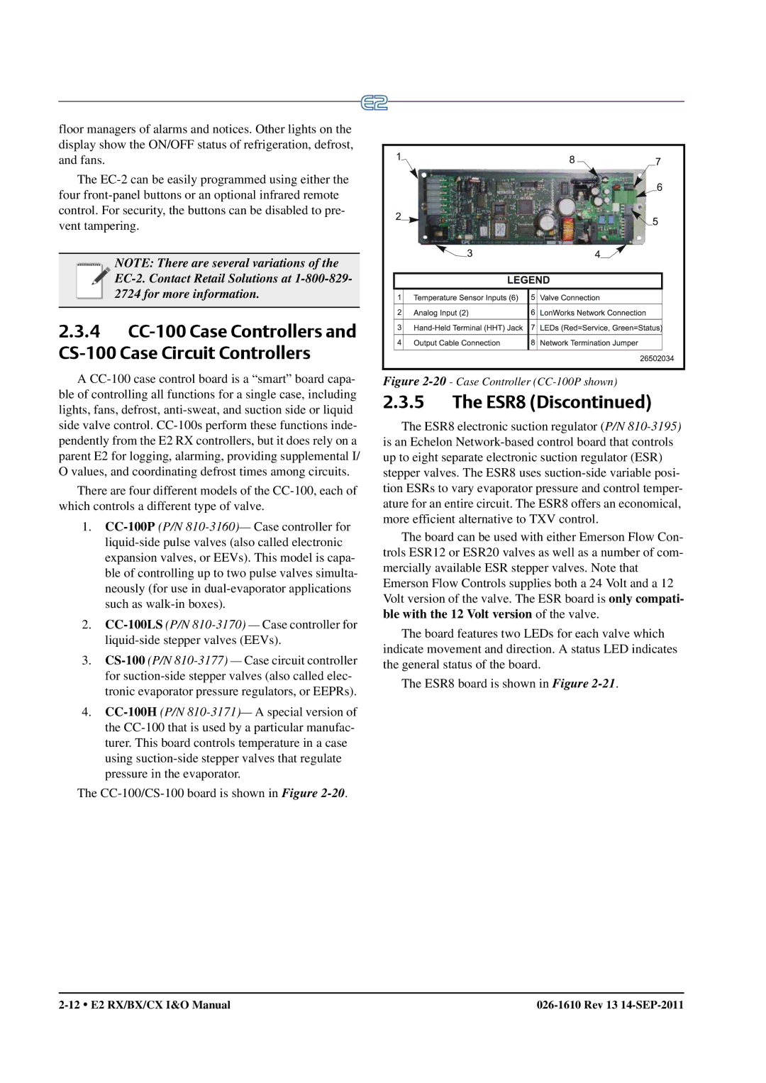 Emerson E2 operation manual ESR8 Dis, Case Controller CC-100P shown 