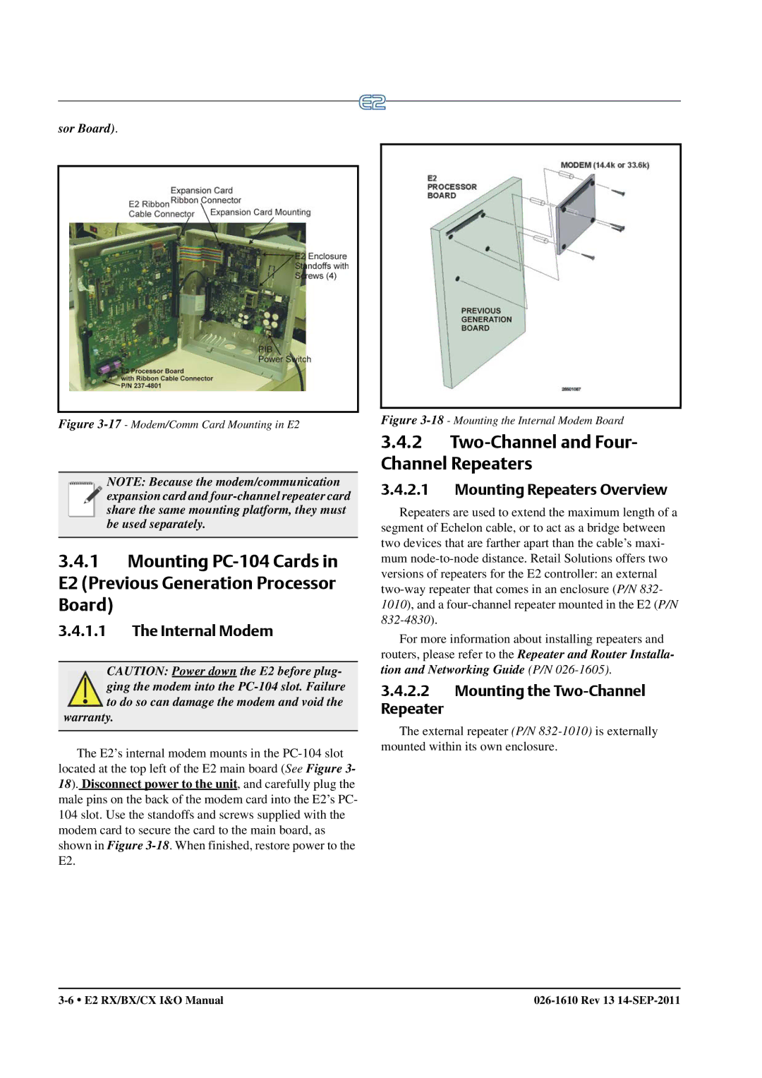 Emerson E2 operation manual Two-Channel and Four- Channel Repeaters, Internal Modem, Mounting Repeaters Overview 