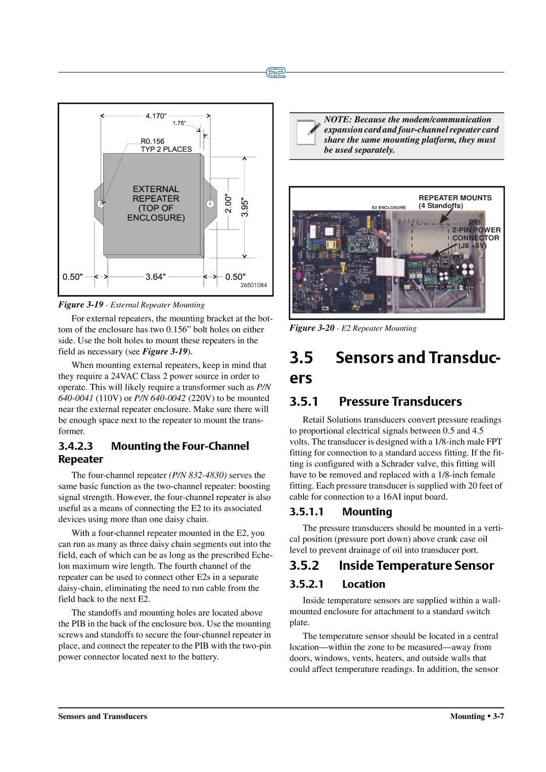 Emerson E2 operation manual Sensors and Transduc Ers, Pressure Transducers, Inside Temperature Sensor 