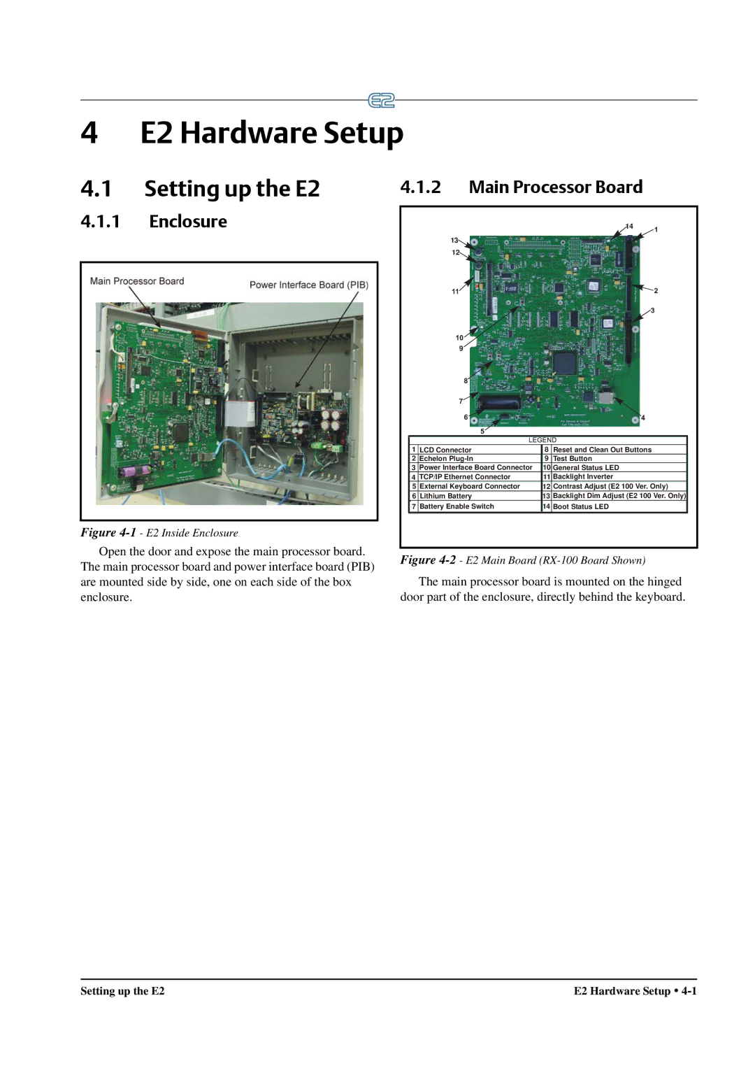 Emerson operation manual E2 Hardware Setup, Setting up the E2, Enclosure, Main Processor Board 