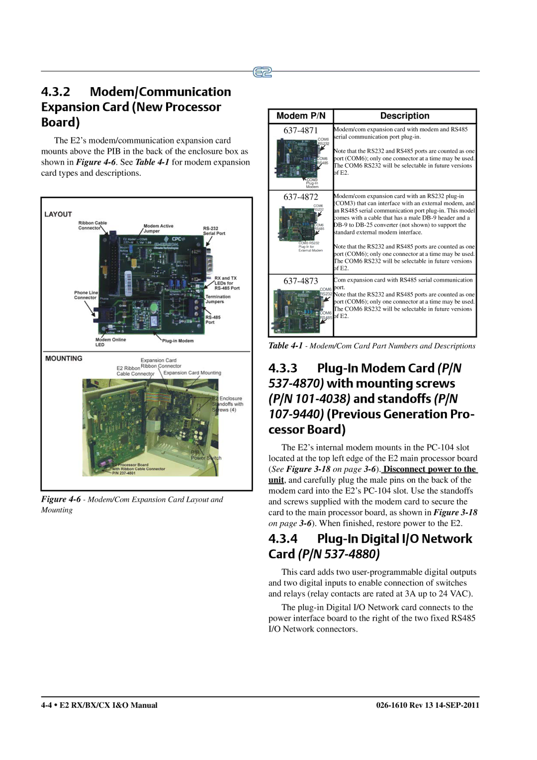 Emerson E2 operation manual Plug-In Digital I/O Network Card P/N, Modem P/N Description 