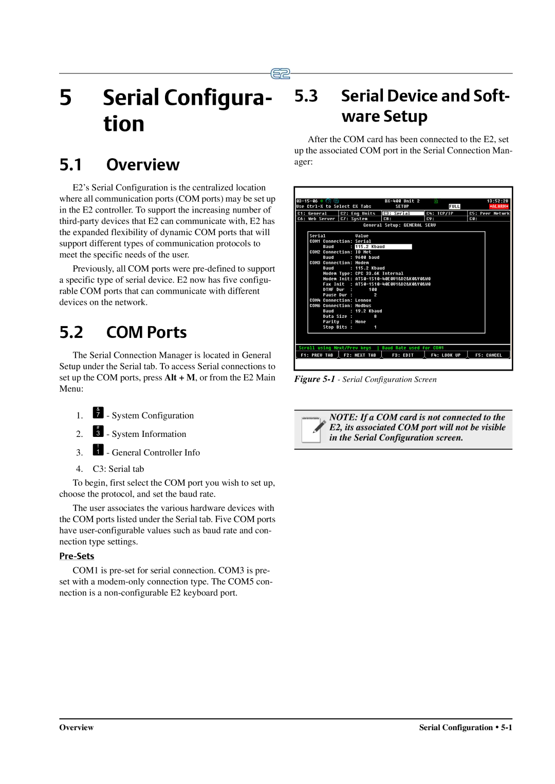 Emerson E2 operation manual Serial Configura- tion, Overview, COM Ports, Serial Device and Soft Ware Setup, Pre-Sets 