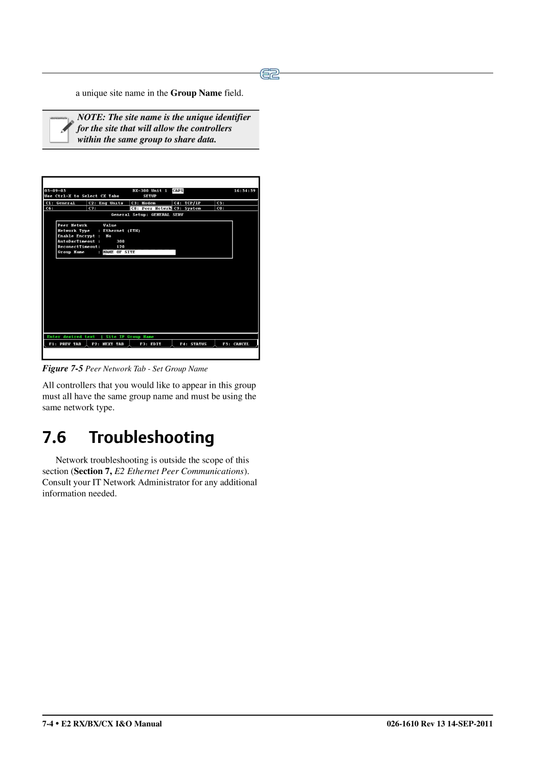 Emerson E2 operation manual Troubleshooting, 5Peer Network Tab Set Group Name 