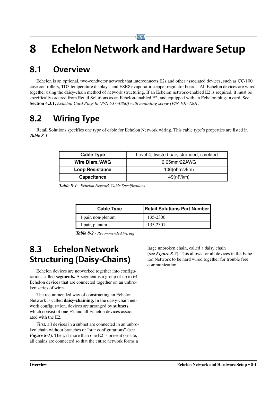 Emerson E2 Echelon Network and Hardware Setup, Wiring Type, Loop Resistance, Cable Type Retail Solutions Part Number 