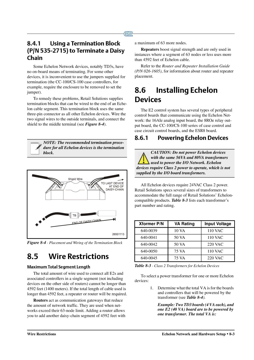 Emerson E2 Wire Restrictions, Installing Echelon Devices, Powering Echelon Devices, Maximum Total Segment Length 