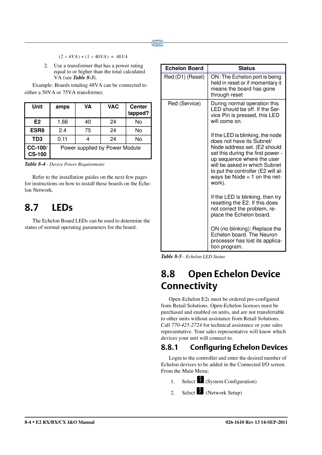 Emerson E2 operation manual LEDs, Open Echelon Device Connectivity, Configuring Echelon Devices 