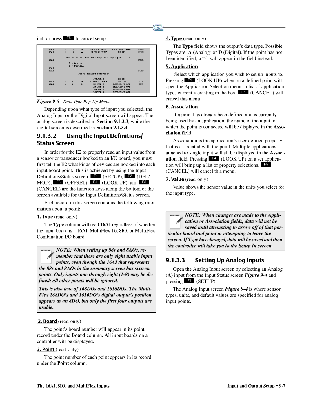 Emerson E2 operation manual Using the Input Definitions/ Status Screen, Setting Up Analog Inputs, Application, Association 