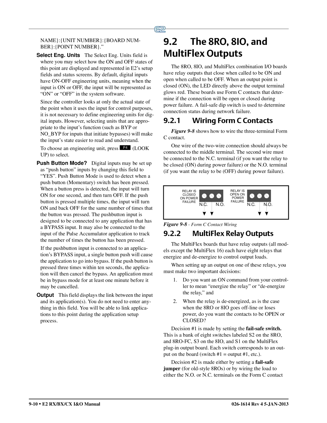 Emerson E2 operation manual 8RO, 8IO, and MultiFlex Outputs, Wiring Form C Contacts, MultiFlex Relay Outputs 