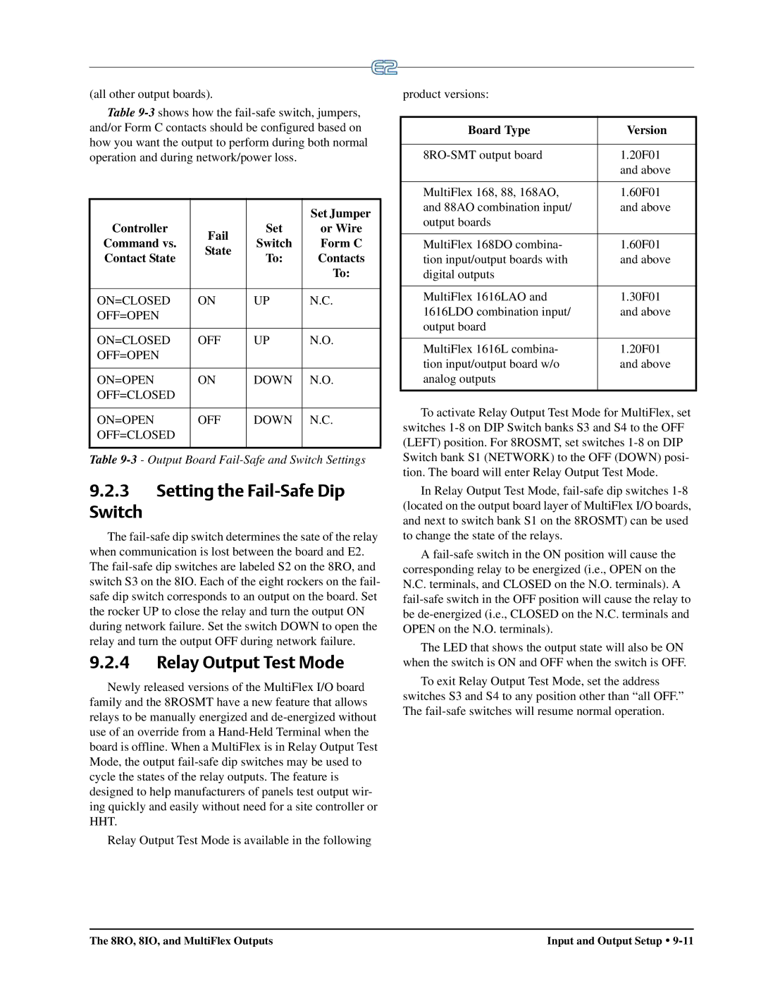 Emerson E2 Setting the Fail-Safe Dip Switch, Relay Output Test Mode, Output Board Fail-Safe and Switch Settings 
